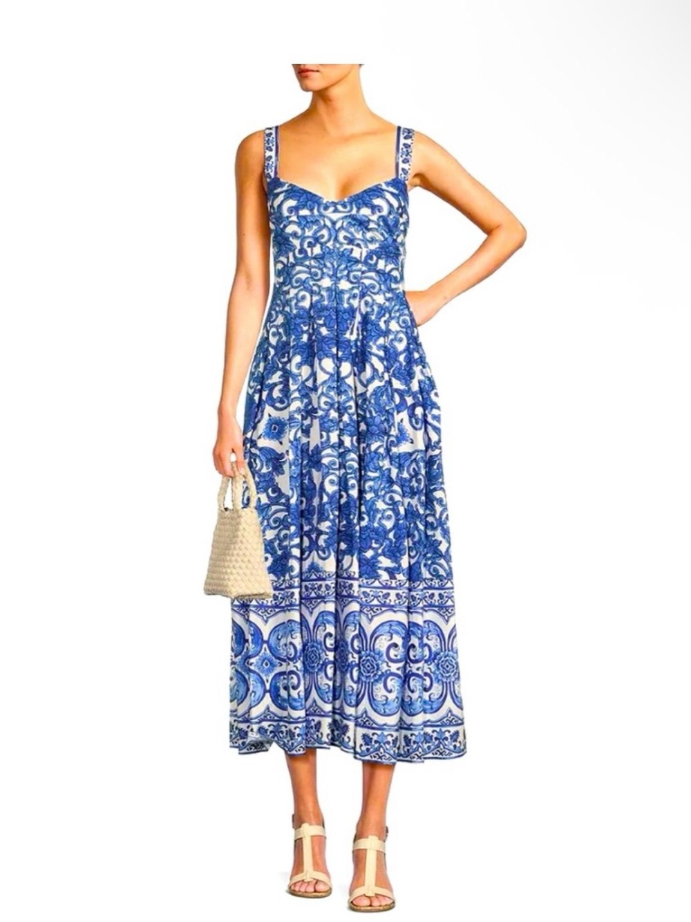 ANTONIO MELANI Blue and White Printed Midi Dress with Sweetheart Neckline
